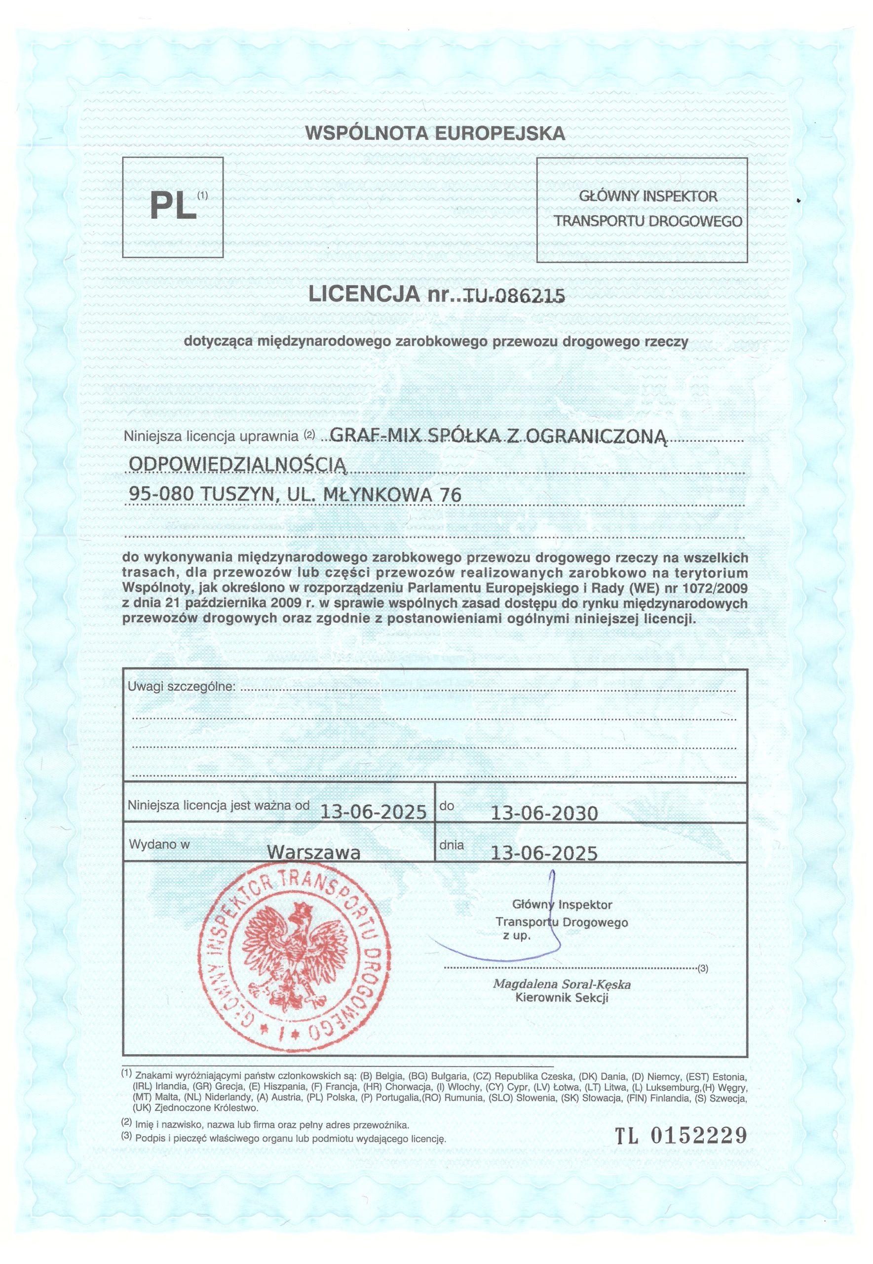 Livencja nr TU-086215